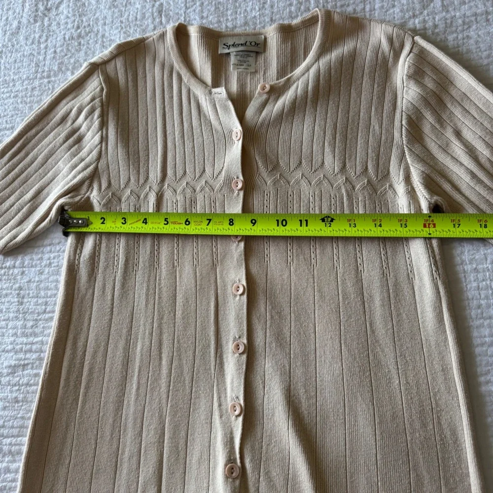Vtg 100% Cotton Womens S Beige Ribbed Short Sleeve Cardigan Sweater Cottagecore